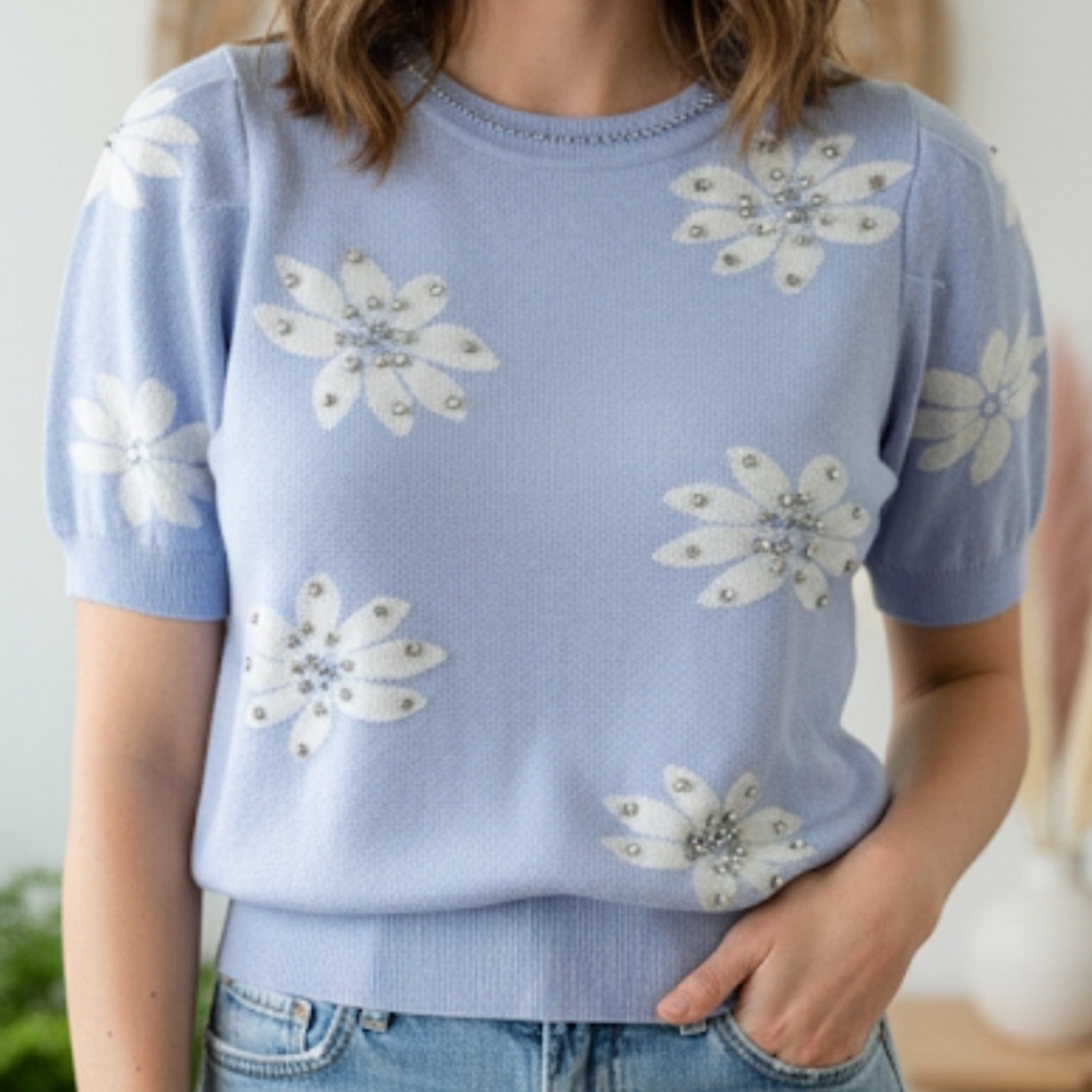 Nanette Lepore Lilac Blue White Flower Sweater‎ Size Large